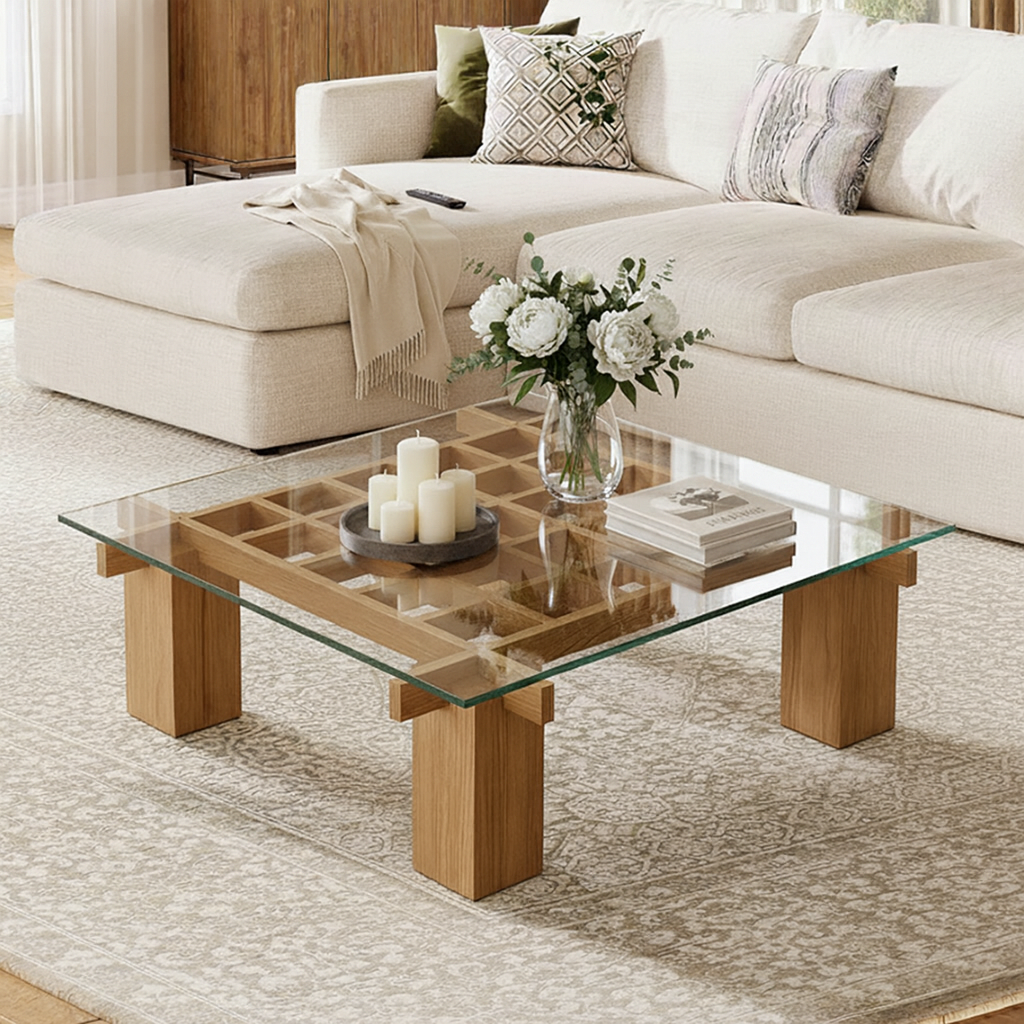 Modern Wooden Coffee Table With Glass Top And Grid Base