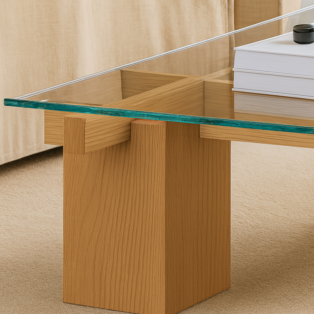 Modern Wooden Coffee Table With Glass Top And Grid Base