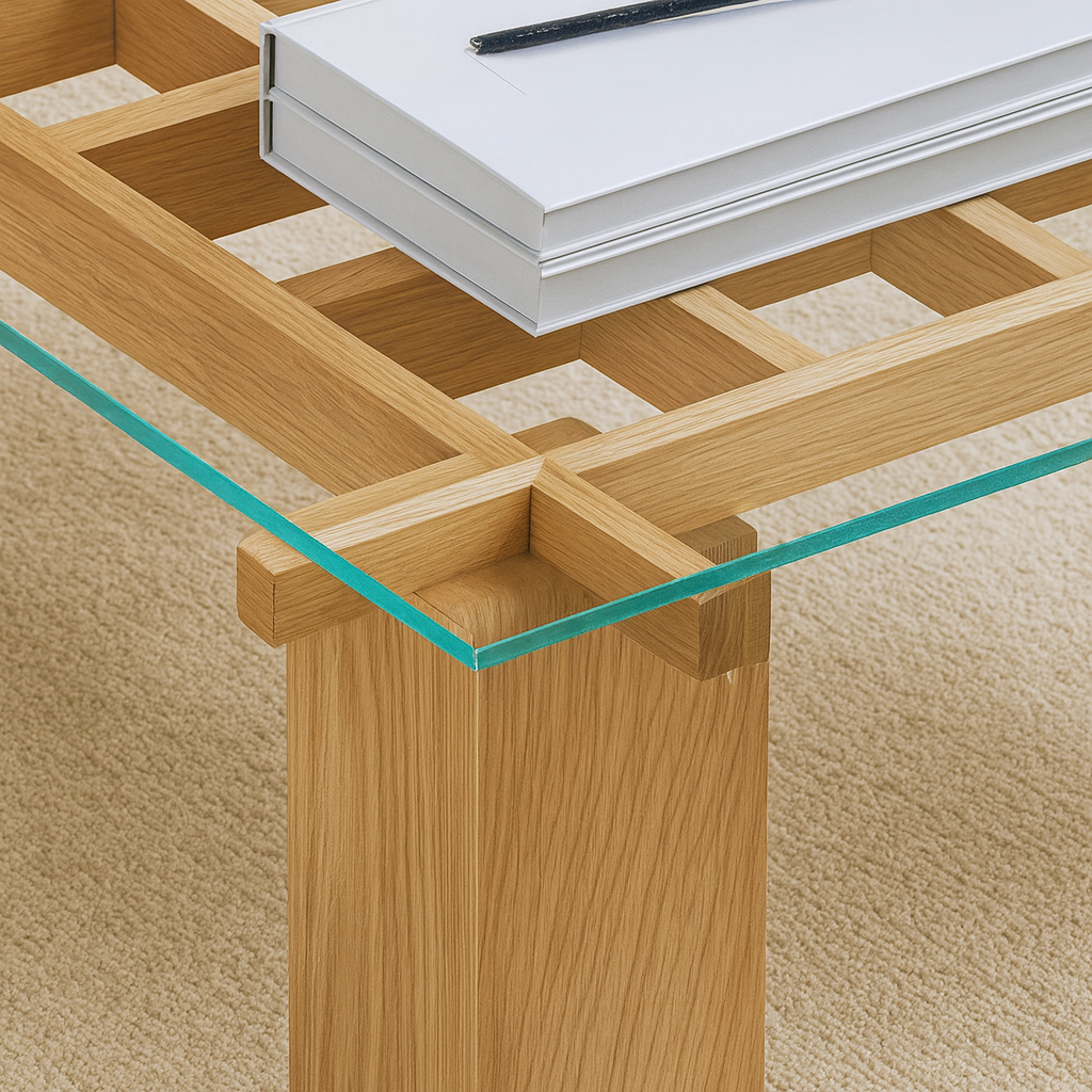 Modern Wooden Coffee Table With Glass Top And Grid Base
