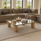 Modern Wooden Coffee Table With Glass Top And Grid Base