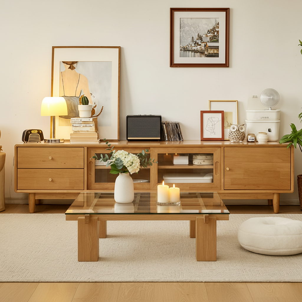 Modern Wooden Coffee Table With Glass Top And Grid Base