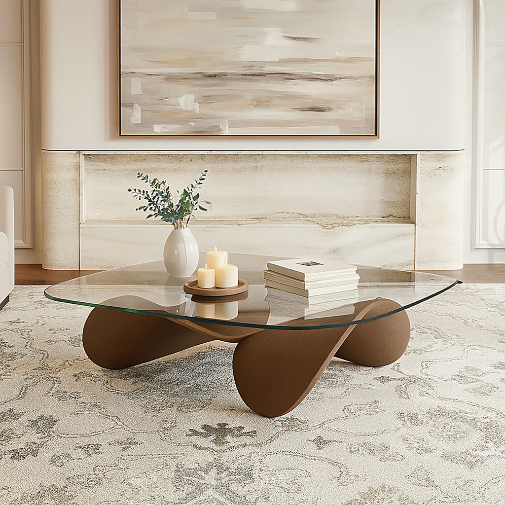 Modern Wooden Coffee Table With Glass Top And Rounded Base For Living Room