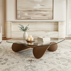 Modern Wooden Coffee Table With Glass Top And Rounded Base For Living Room