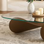 Modern Wooden Coffee Table With Glass Top And Rounded Base For Living Room