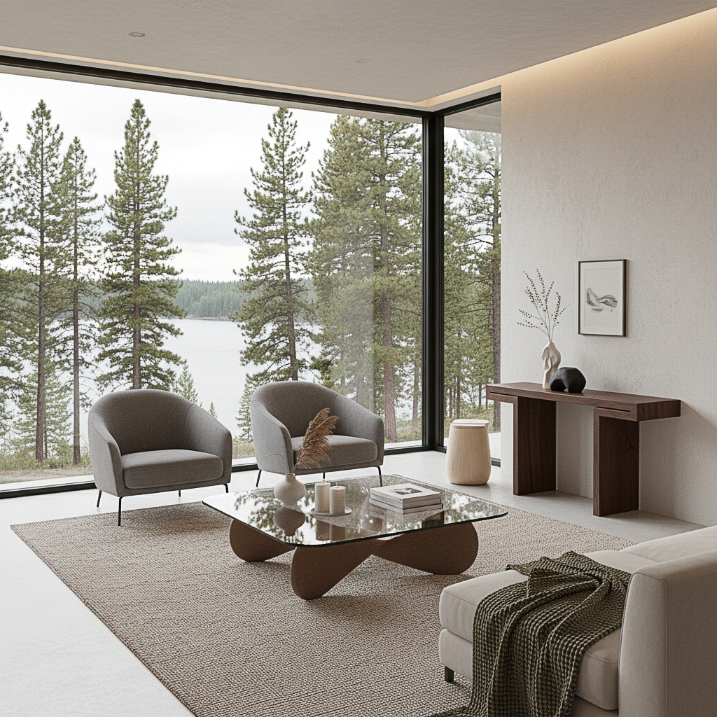 Modern Wooden Coffee Table With Glass Top And Rounded Base For Living Room