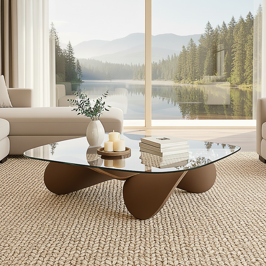 Modern Wooden Coffee Table With Glass Top And Rounded Base For Living Room