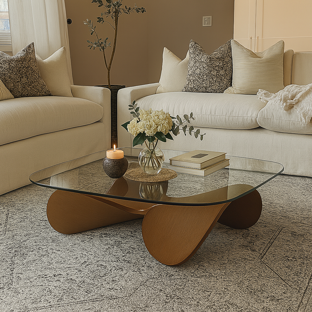 Modern Wooden Coffee Table With Glass Top And Rounded Base For Living Room