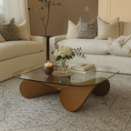 Modern Wooden Coffee Table With Glass Top And Rounded Base For Living Room