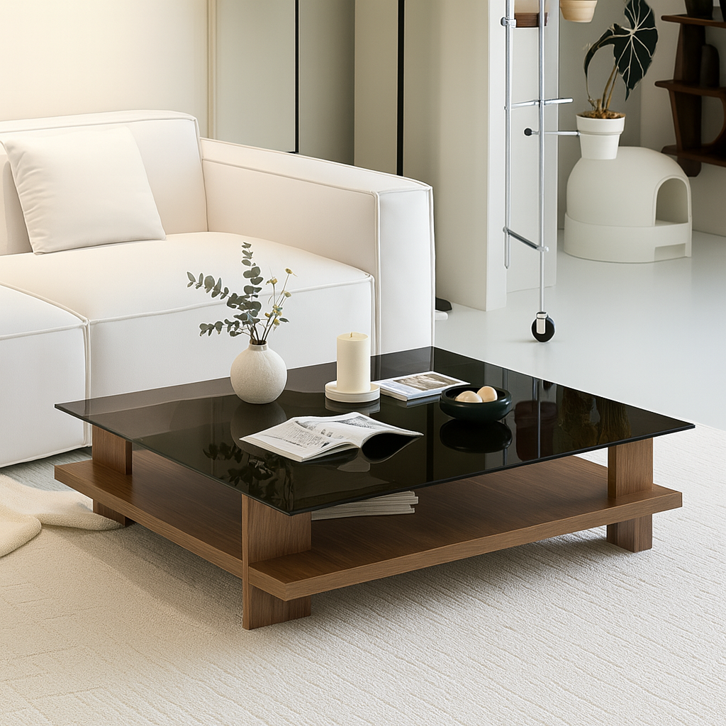 Modern Wooden Coffee Table With Glass Top For Living Room