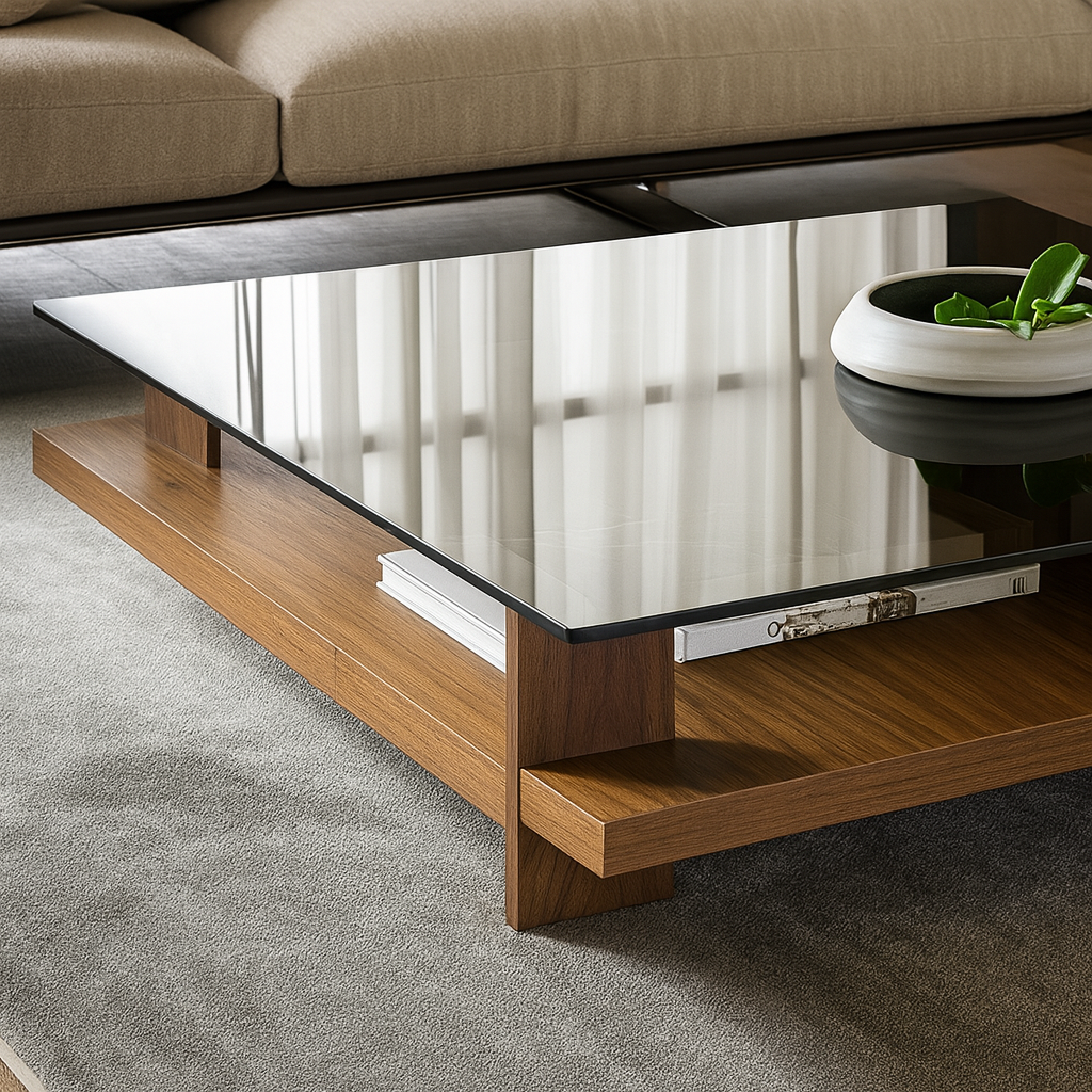 Modern Wooden Coffee Table With Glass Top For Living Room