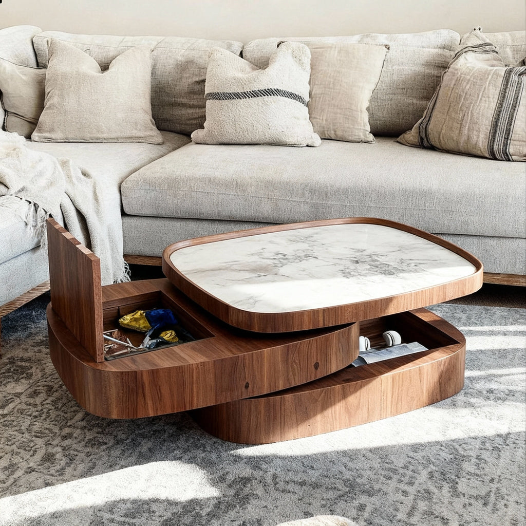 Modern Wooden Coffee Table With Rotating Storage And Marble Top