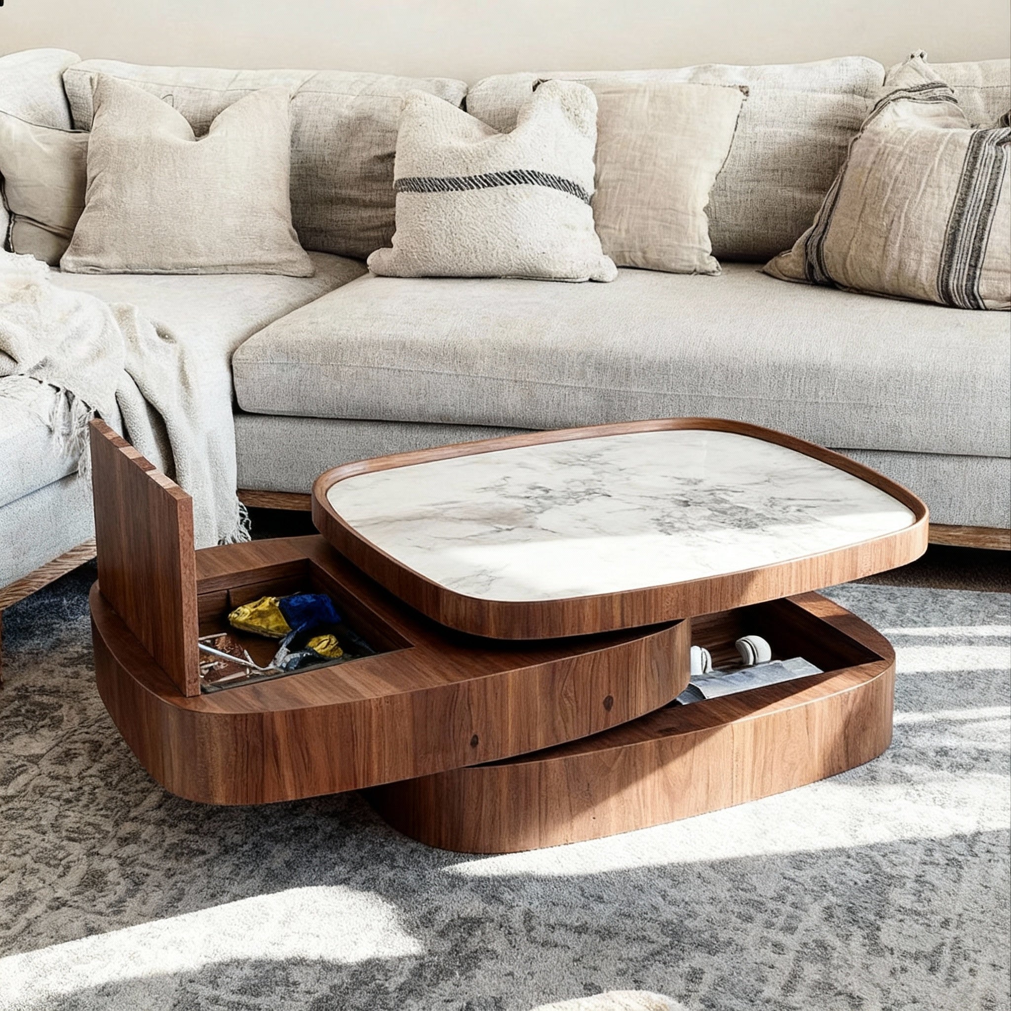 Modern Wooden Coffee Table With Rotating Storage And Marble Top