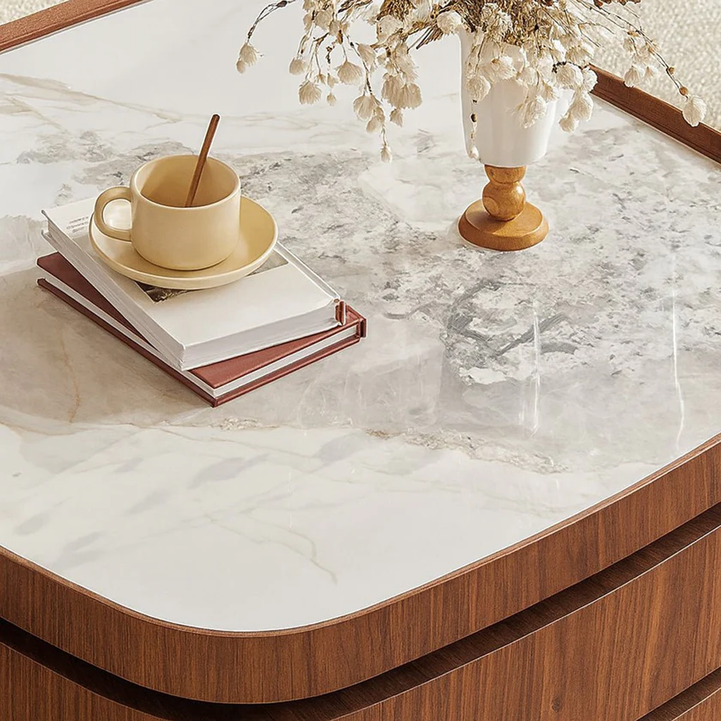 Modern Wooden Coffee Table With Rotating Storage And Marble Top