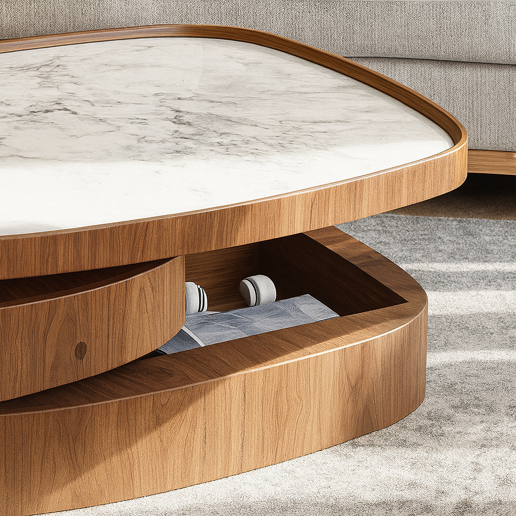 Modern Wooden Coffee Table With Rotating Storage And Marble Top
