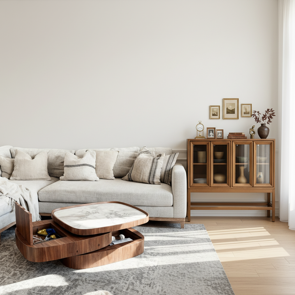 Modern Wooden Coffee Table With Rotating Storage And Marble Top