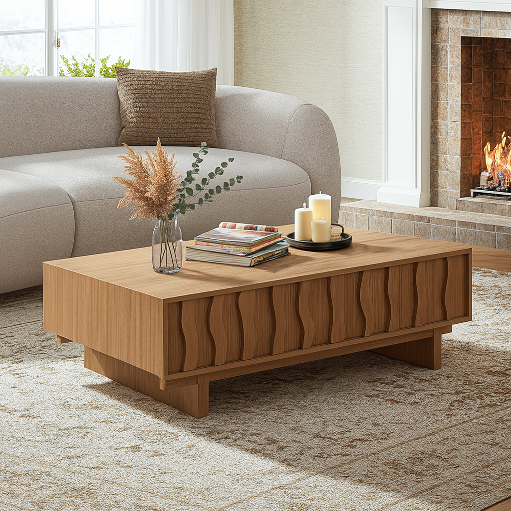 Modern Wooden Coffee Table With Sculpted Wave Front