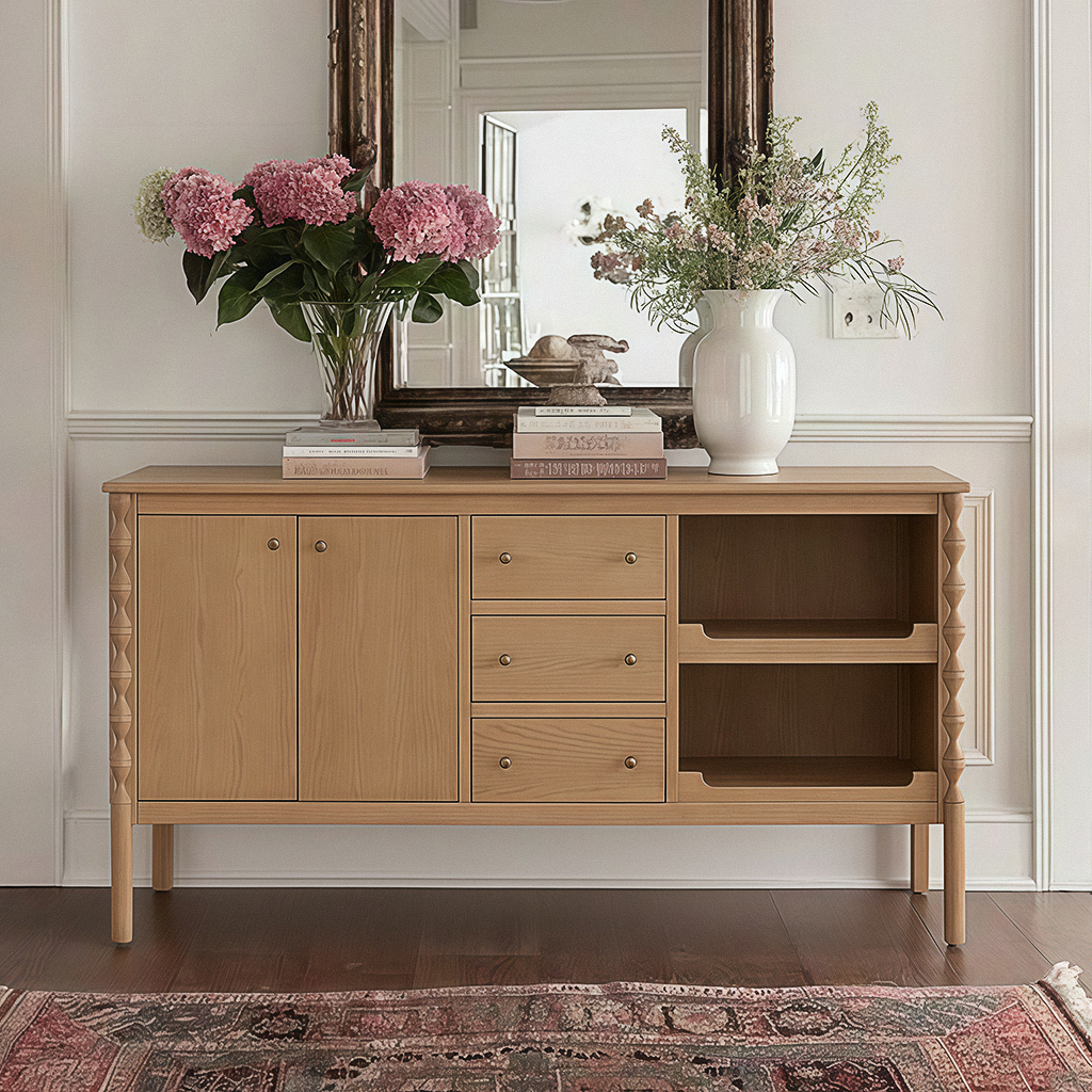 Modern Wooden Console Cabinet With Drawers And Open Shelves For Dining Room