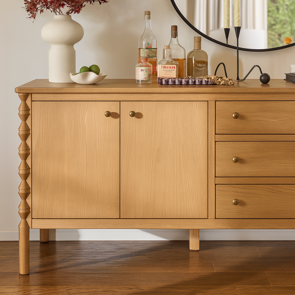 Modern Wooden Console Cabinet With Drawers And Open Shelves For Dining Room