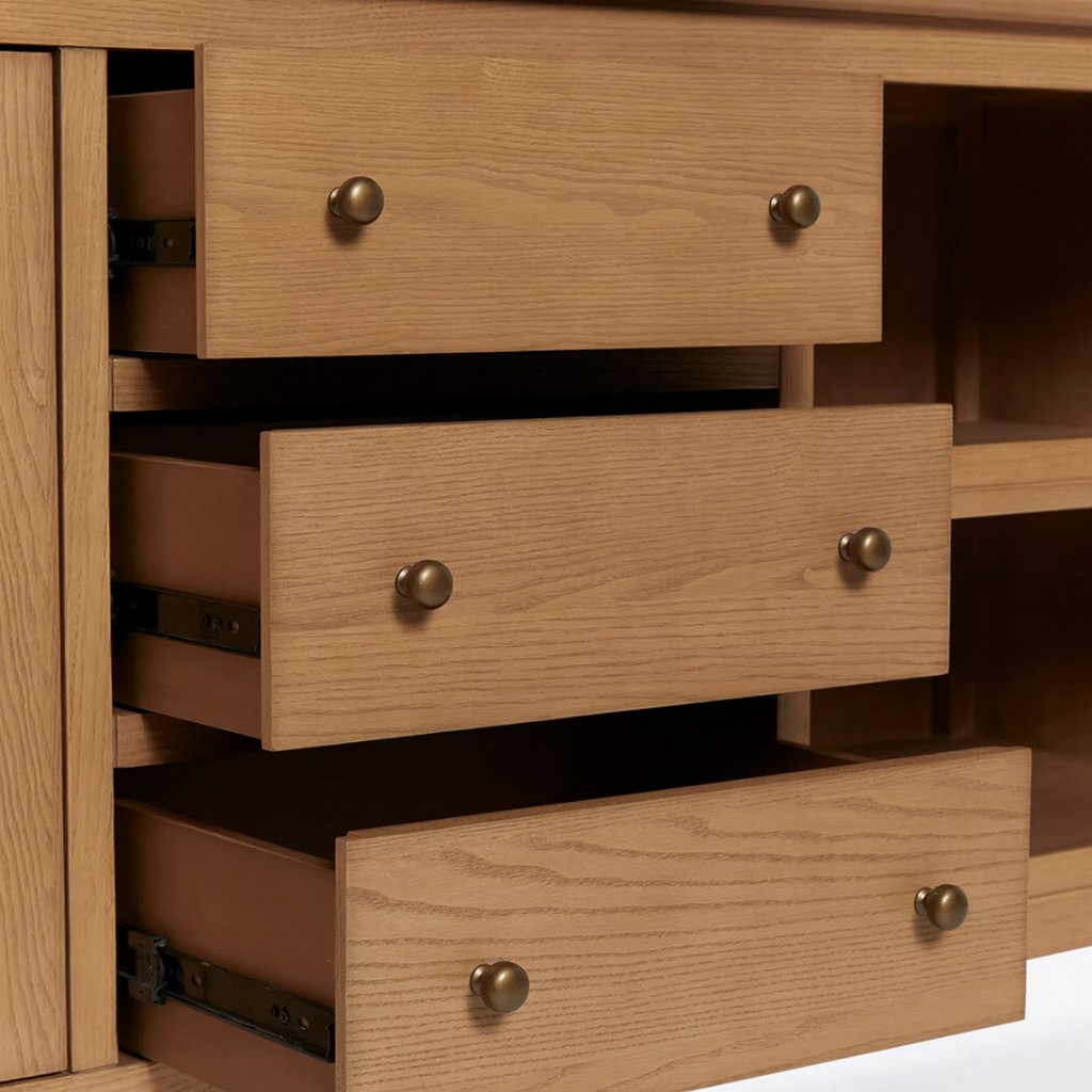 Modern Wooden Console Cabinet With Drawers And Open Shelves For Dining Room
