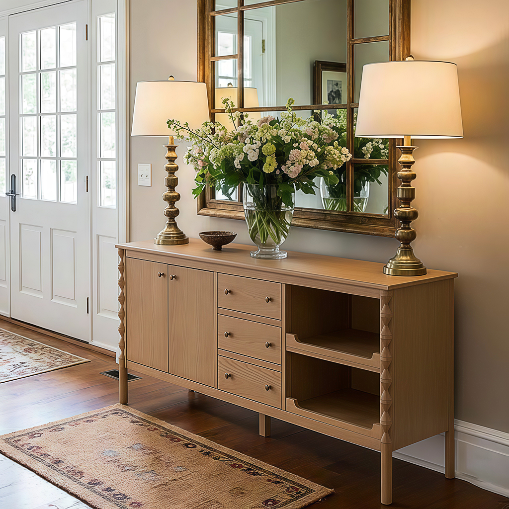 Modern Wooden Console Cabinet With Drawers And Open Shelves For Dining Room