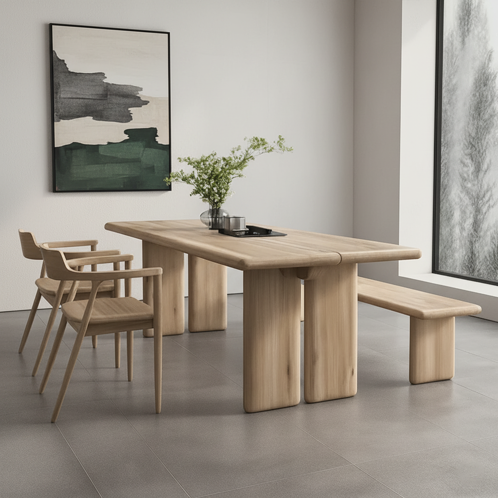 Modern Wooden Dining Table With Rounded Pillar Legs For Dining Room