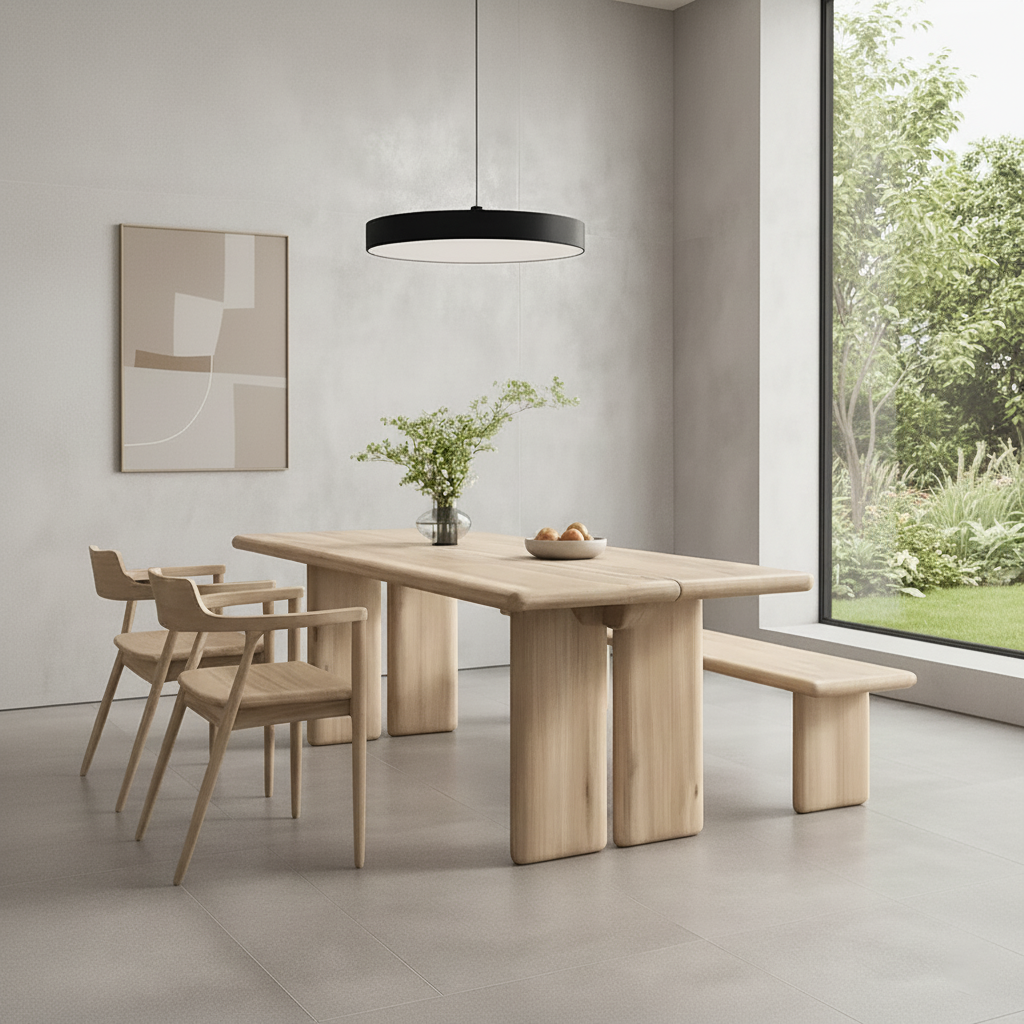 Modern Wooden Dining Table With Rounded Pillar Legs For Dining Room