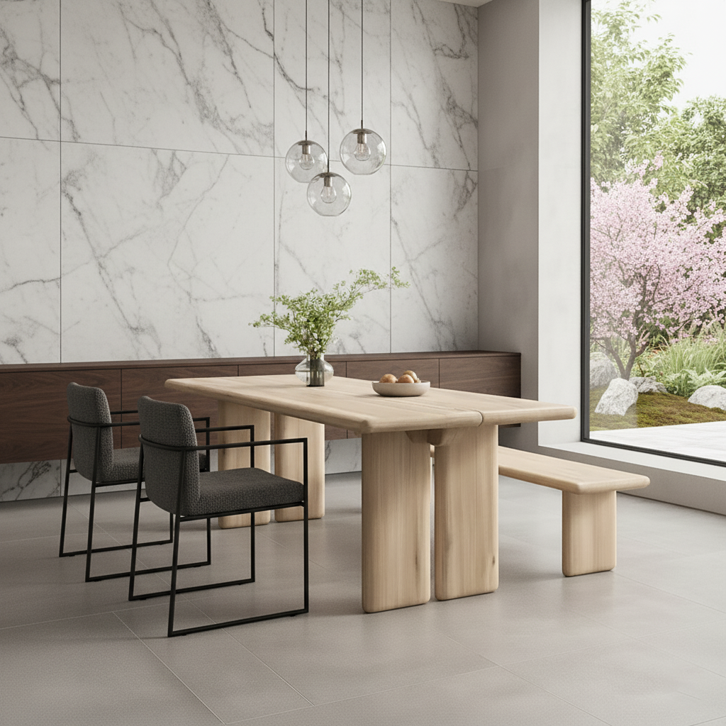 Modern Wooden Dining Table With Rounded Pillar Legs For Dining Room