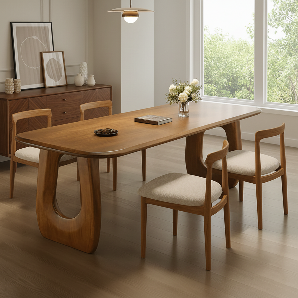 Modern Wooden Dining Table With Sculptural Cutout Pedestal Base