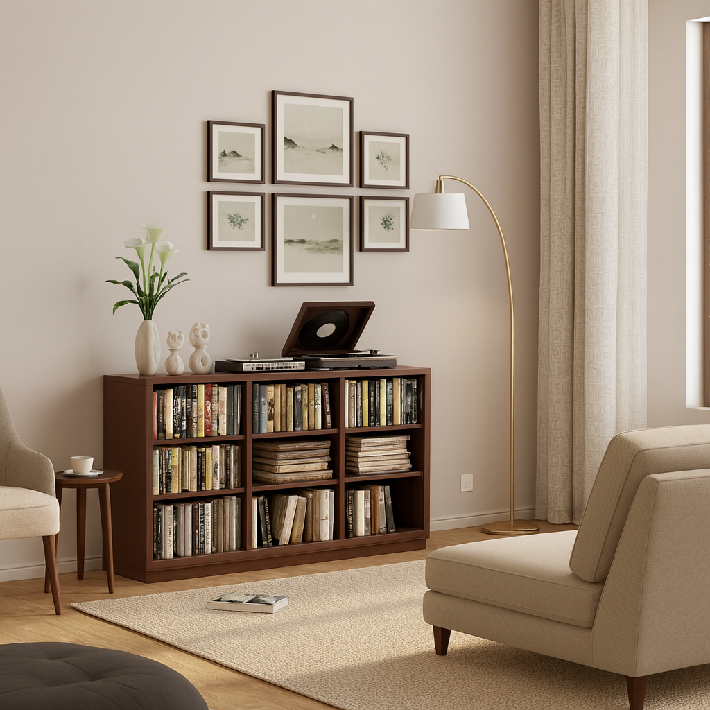 Modern Wooden Low Bookshelf With Cube Storage For Home Office