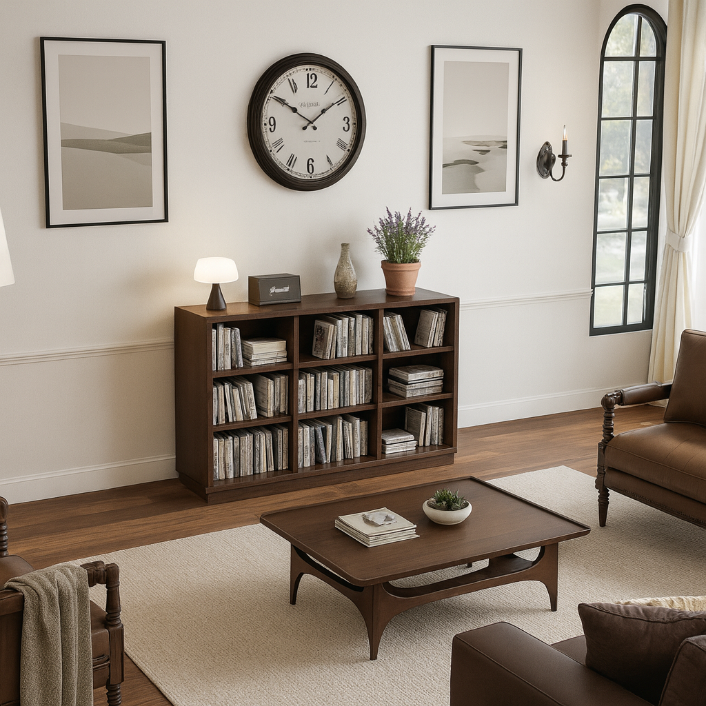 Modern Wooden Low Bookshelf With Cube Storage For Home Office