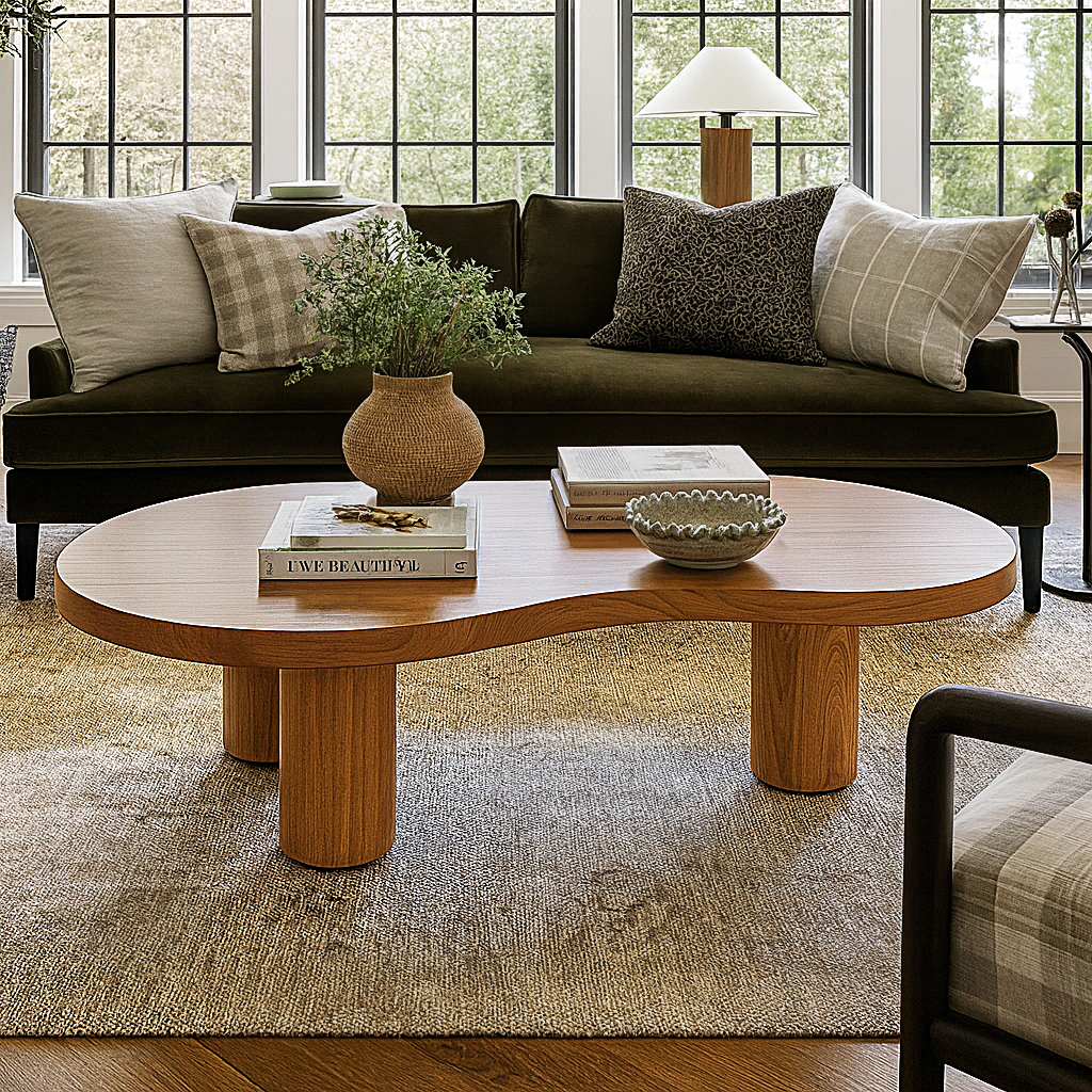 Modern Wooden Organic Shape Coffee Table With Round Legs For Living Room