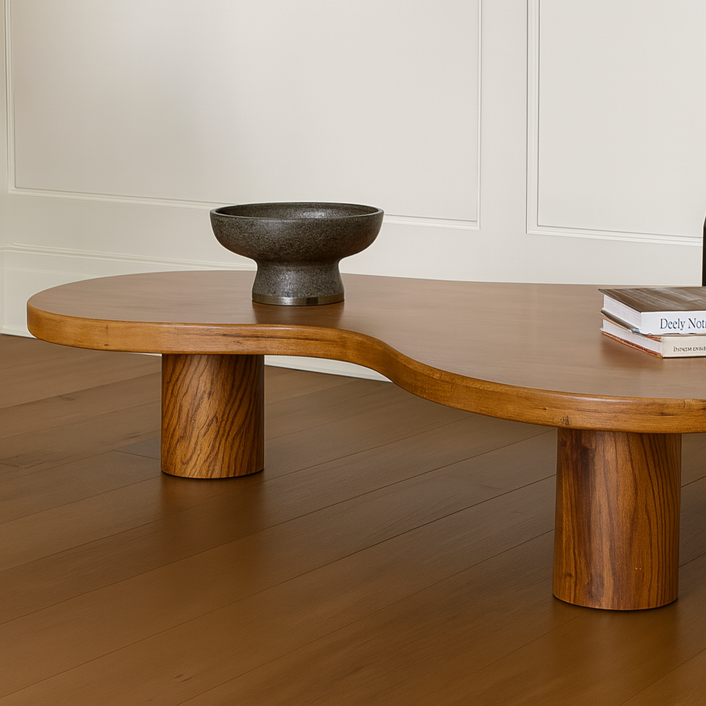 Modern Wooden Organic Shape Coffee Table With Round Legs For Living Room