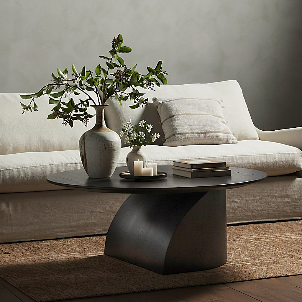 Modern Wooden Oval Coffee Table With Curved Pedestal Base