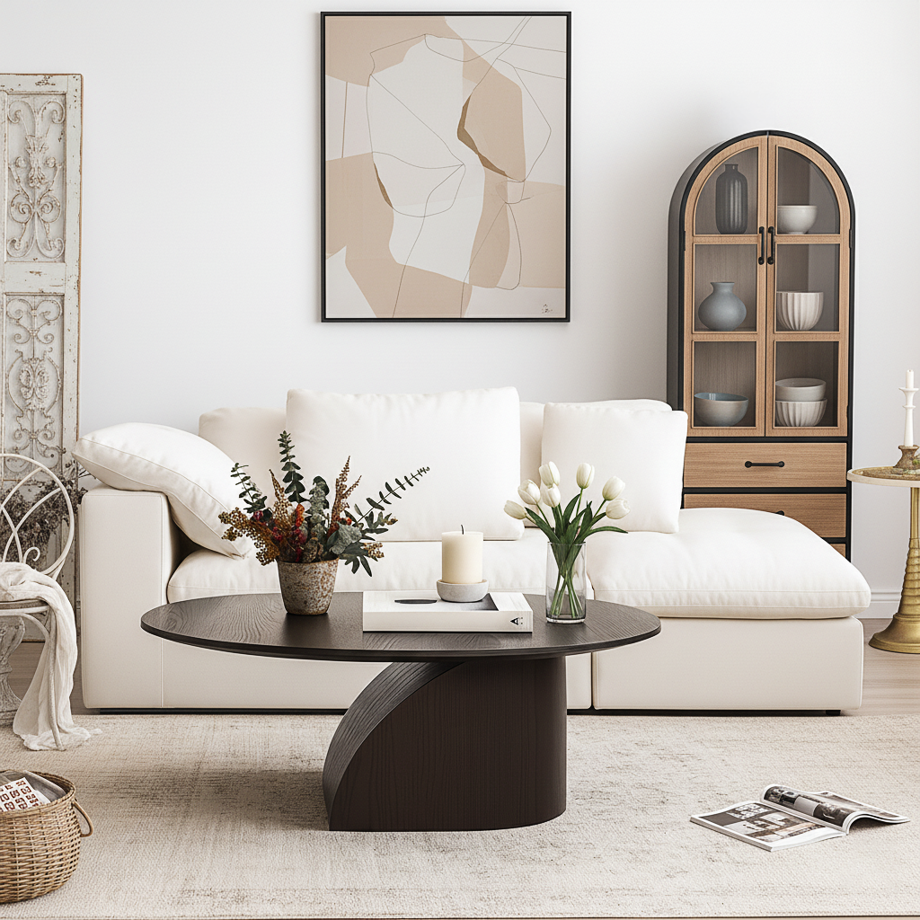 Modern Wooden Oval Coffee Table With Curved Pedestal Base