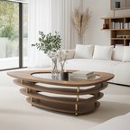 Modern Wooden Oval Coffee Table With Glass Top And Tiered Shelves