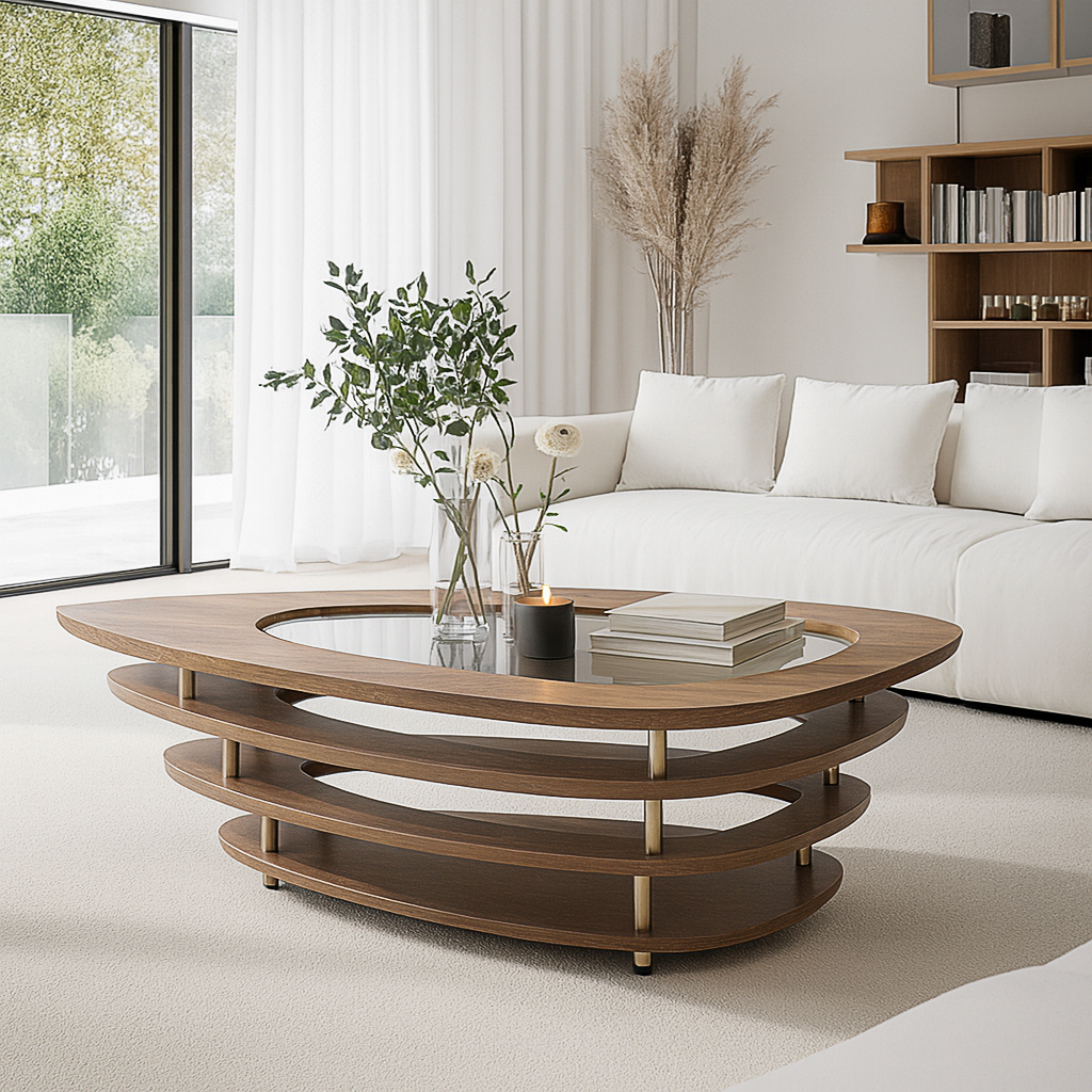Modern Wooden Oval Coffee Table With Glass Top And Tiered Shelves