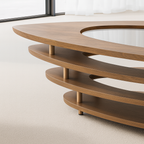 Modern Wooden Oval Coffee Table With Glass Top And Tiered Shelves