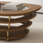 Modern Wooden Oval Coffee Table With Glass Top And Tiered Shelves