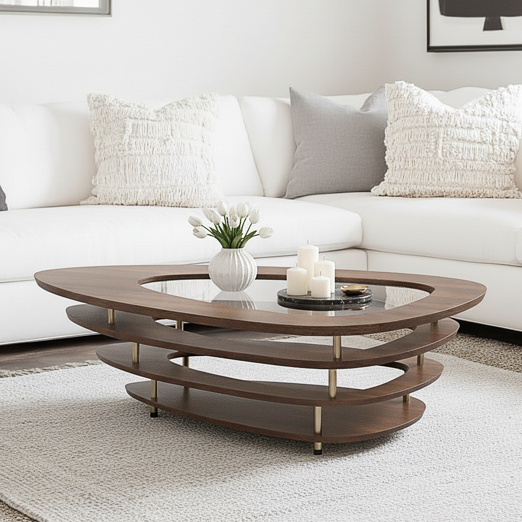 Modern Wooden Oval Coffee Table With Glass Top And Tiered Shelves