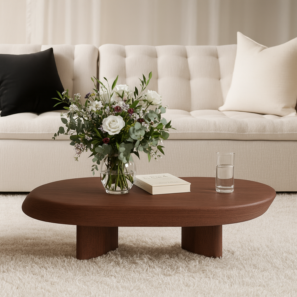 Modern Wooden Oval Coffee Table With Low Pedestal Base For Living Room