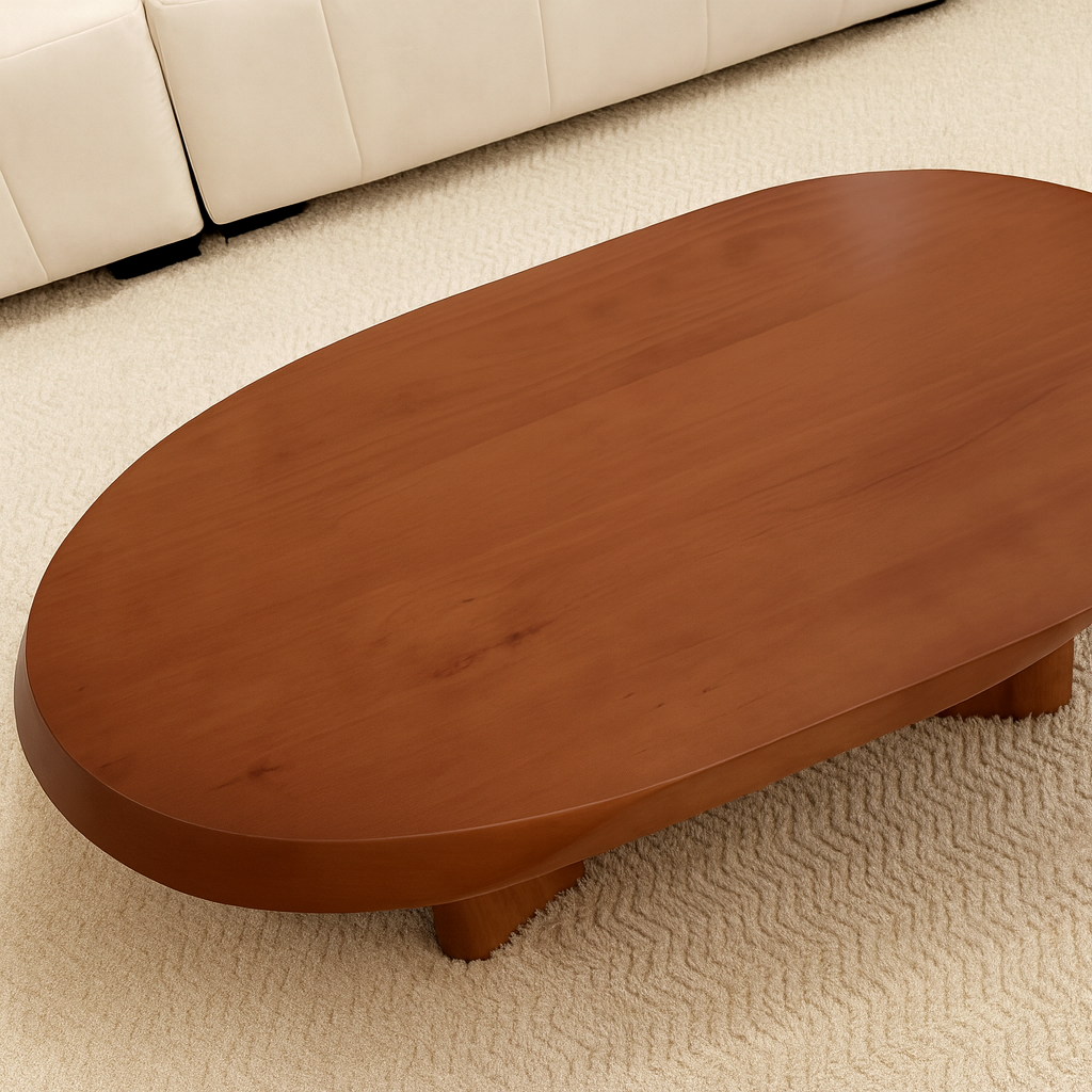 Modern Wooden Oval Coffee Table With Low Pedestal Base For Living Room