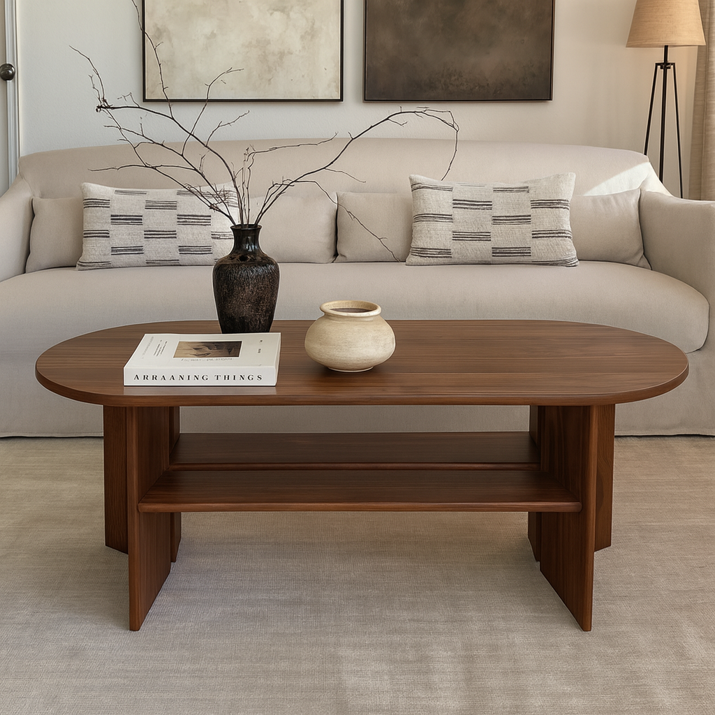 Modern Wooden Oval Coffee Table With Open Shelf For Living Room