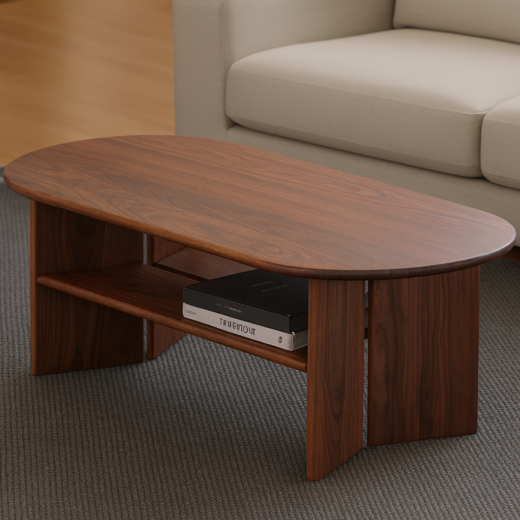 Modern Wooden Oval Coffee Table With Open Shelf For Living Room