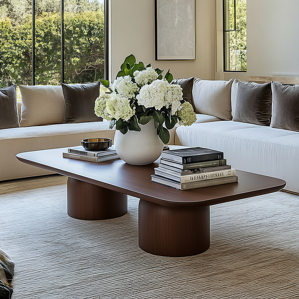 Modern Wooden Oval Coffee Table With Rounded Pedestal Base For Living Room