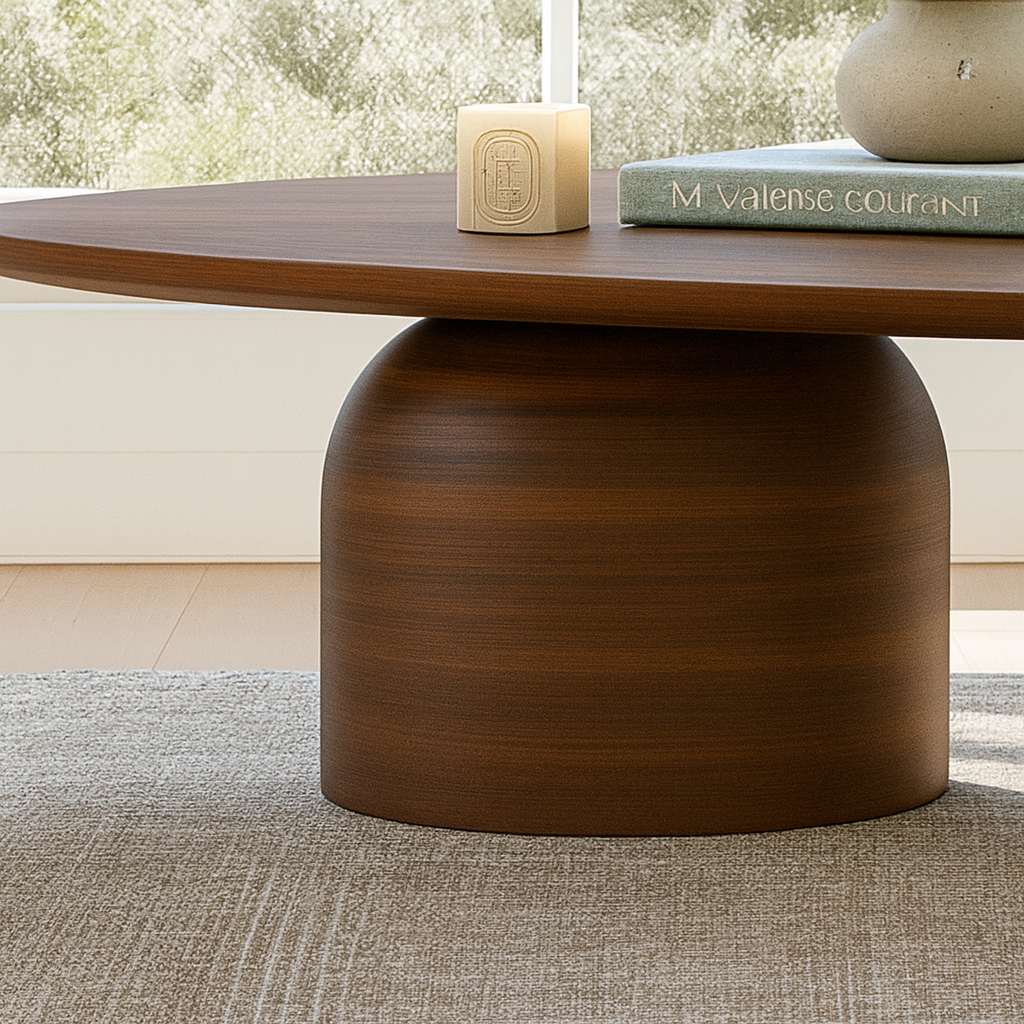 Modern Wooden Oval Coffee Table With Rounded Pedestal Base For Living Room