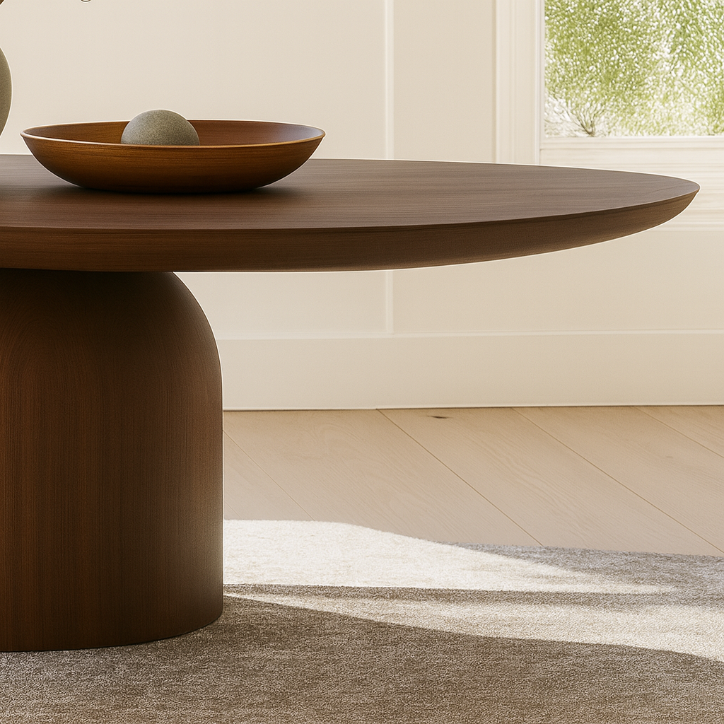 Modern Wooden Oval Coffee Table With Rounded Pedestal Base For Living Room