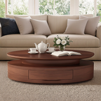 Modern Wooden Oval Coffee Table With Storage Drawers For Living Room