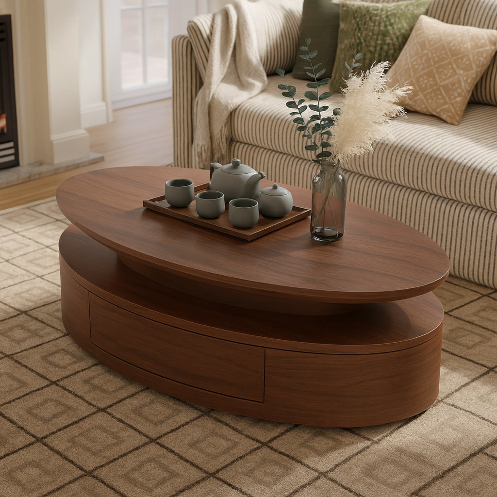 Modern Wooden Oval Coffee Table With Storage Drawers For Living Room