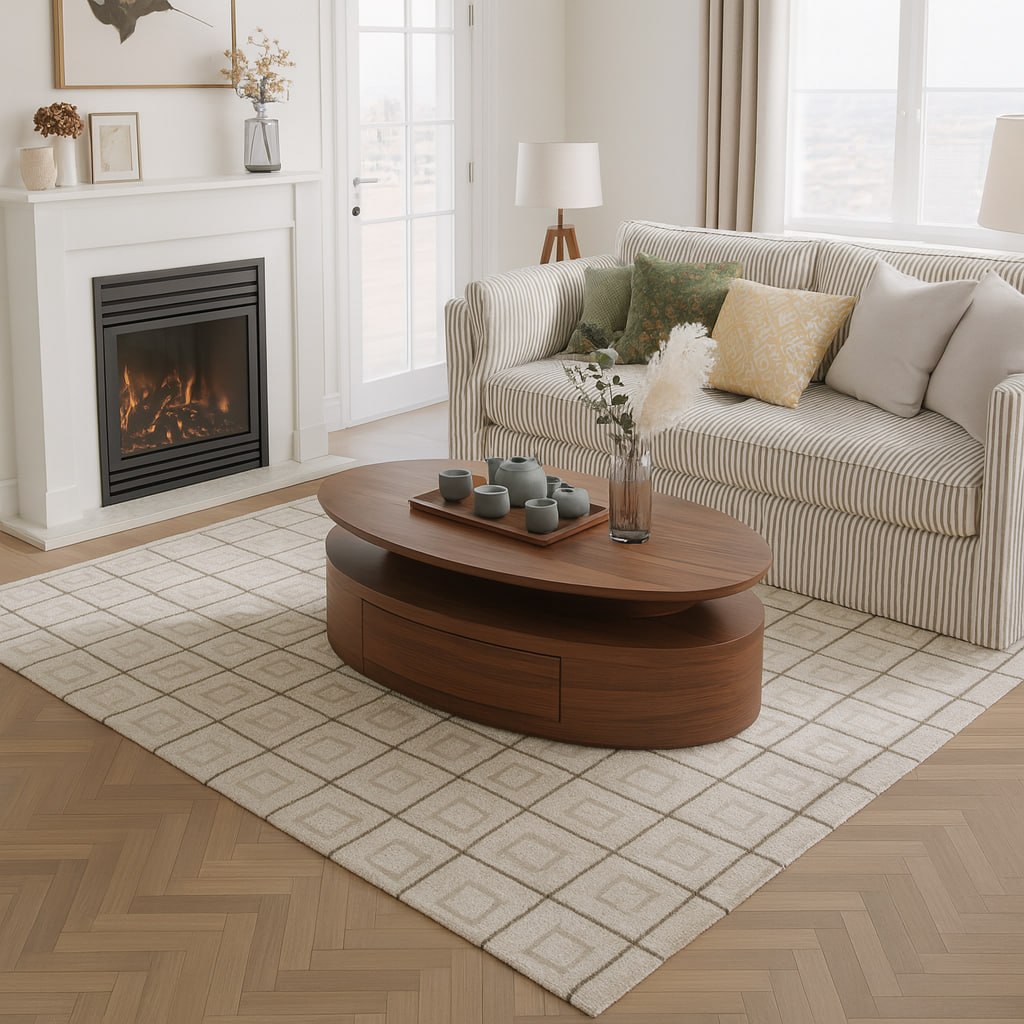 Modern Wooden Oval Coffee Table With Storage Drawers For Living Room