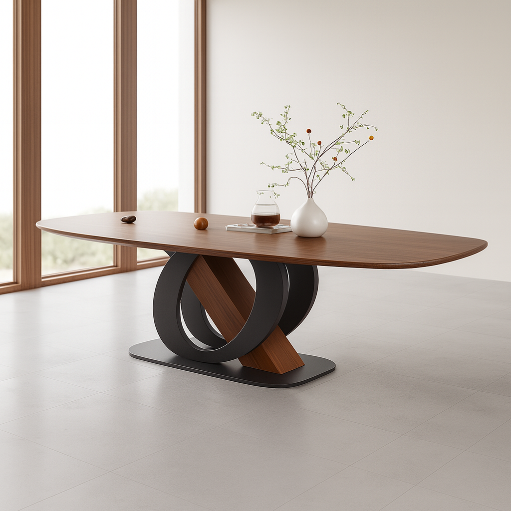 Modern Wooden Oval Dining Table With Ring Metal Pedestal Base For Dining Room